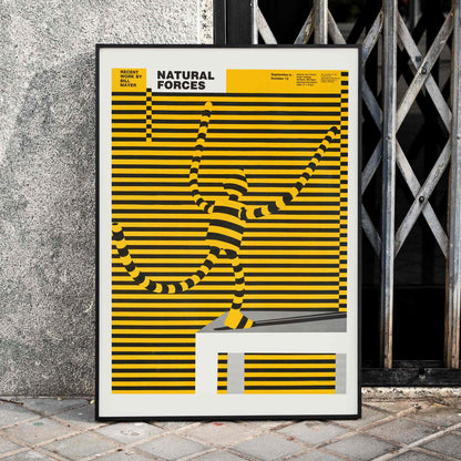 Natural forces artwork by Bill Mayer featuring a yellow and black striped abstract figure blending with lines poster, framed and displayed in home decor