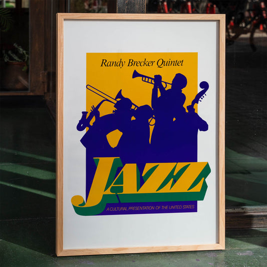 Randy Brecker Quintet jazz poster artwork by US Information Agency featuring silhouetted musicians playing instruments and showcasing cultural art, framed and displayed in home decor
