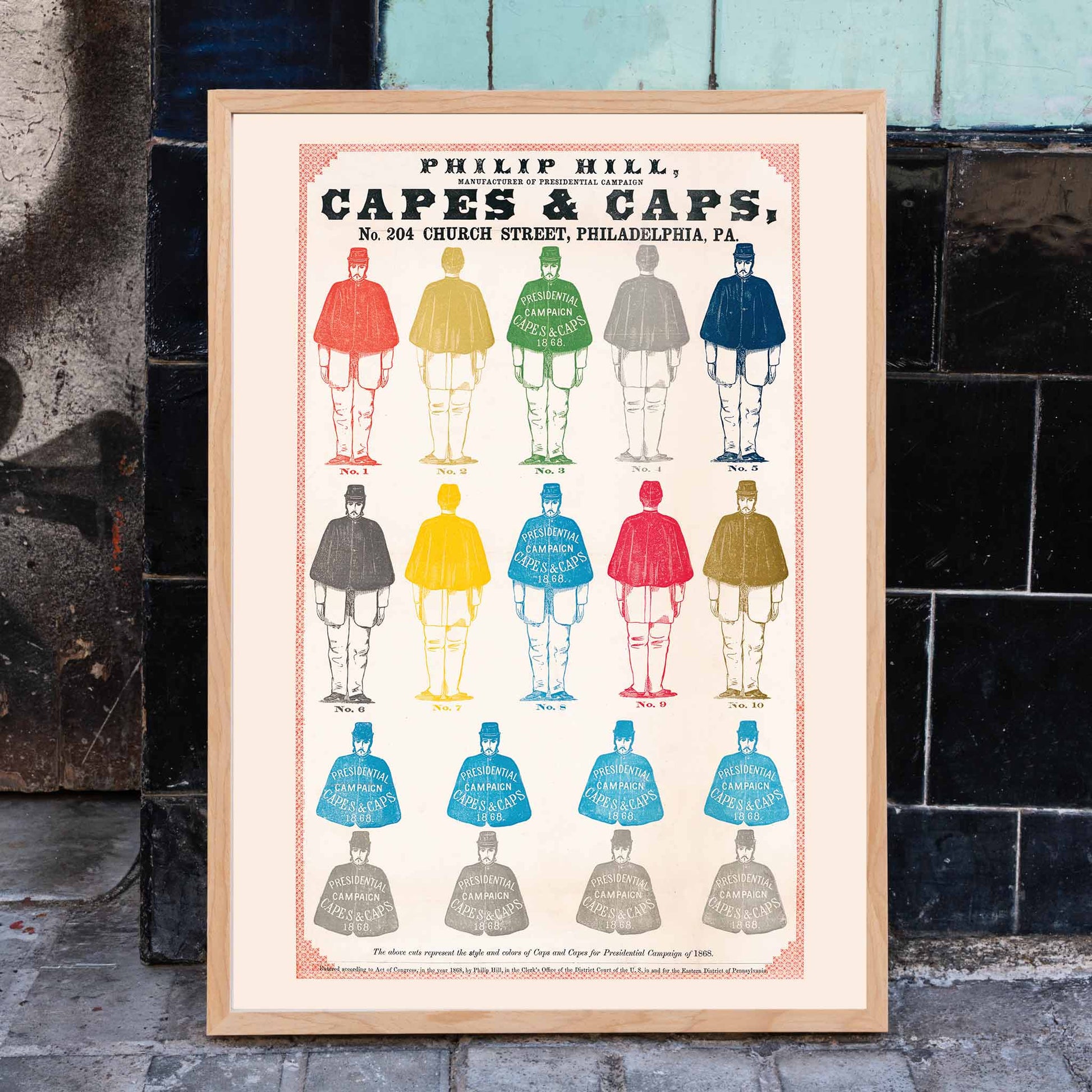Colorful print and poster of campaign capes and caps for Presidential Campaign of 1868 titled Capes and Caps by Philip Hill and anonymous artist, framed and displayed in home decor