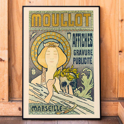 Art Nouveau poster Moullot Marseille by E Roux showing a serene woman with a floral headpiece holding foliage against a decorative background, framed and displayed in home decor