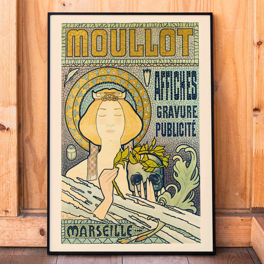 Art Nouveau poster Moullot Marseille by E Roux showing a serene woman with a floral headpiece holding foliage against a decorative background, framed and displayed in home decor