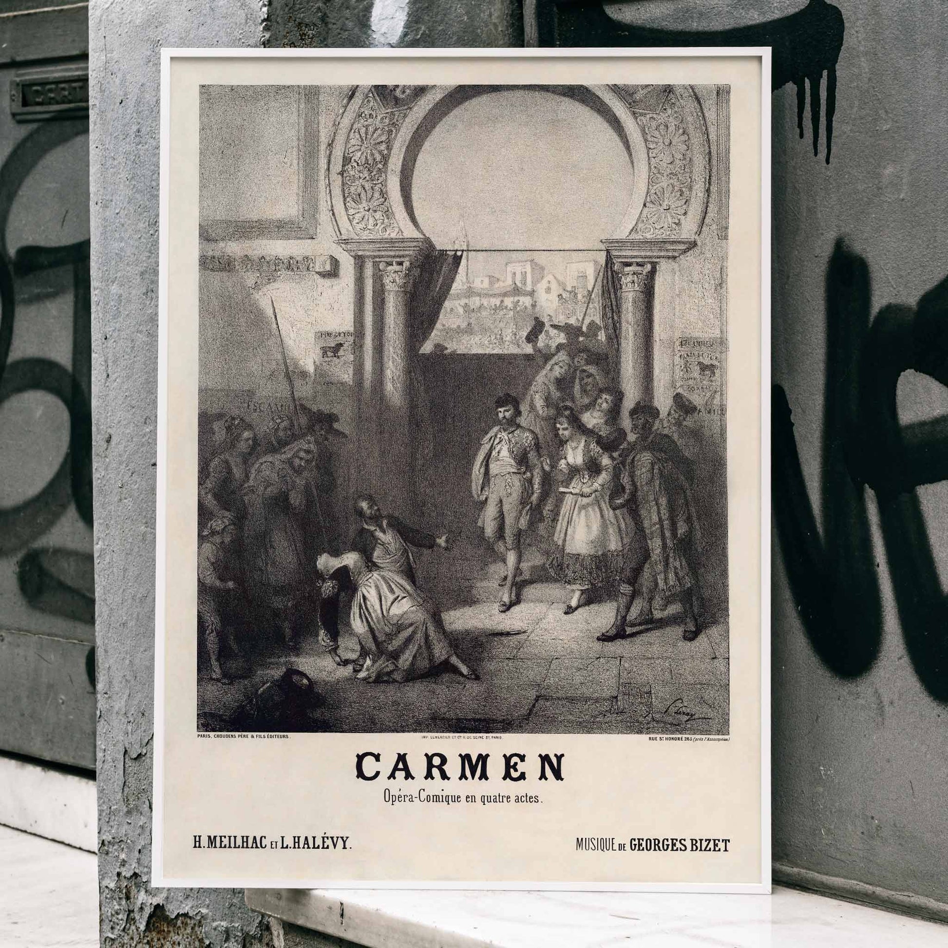 Promotional poster for Carmen by Georges Bizet published by Choudens featuring characters in a dramatic scene under an archway, framed and displayed in home decor