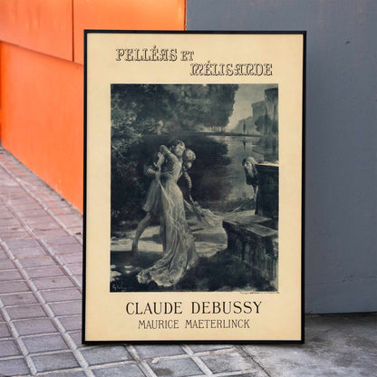 Artistic poster for Claude Debussy and Maurice Maeterlincks Pelleas et Melisande at Theatre de lOpera Comique featuring characters by a river for the premiere, framed and displayed in home decor