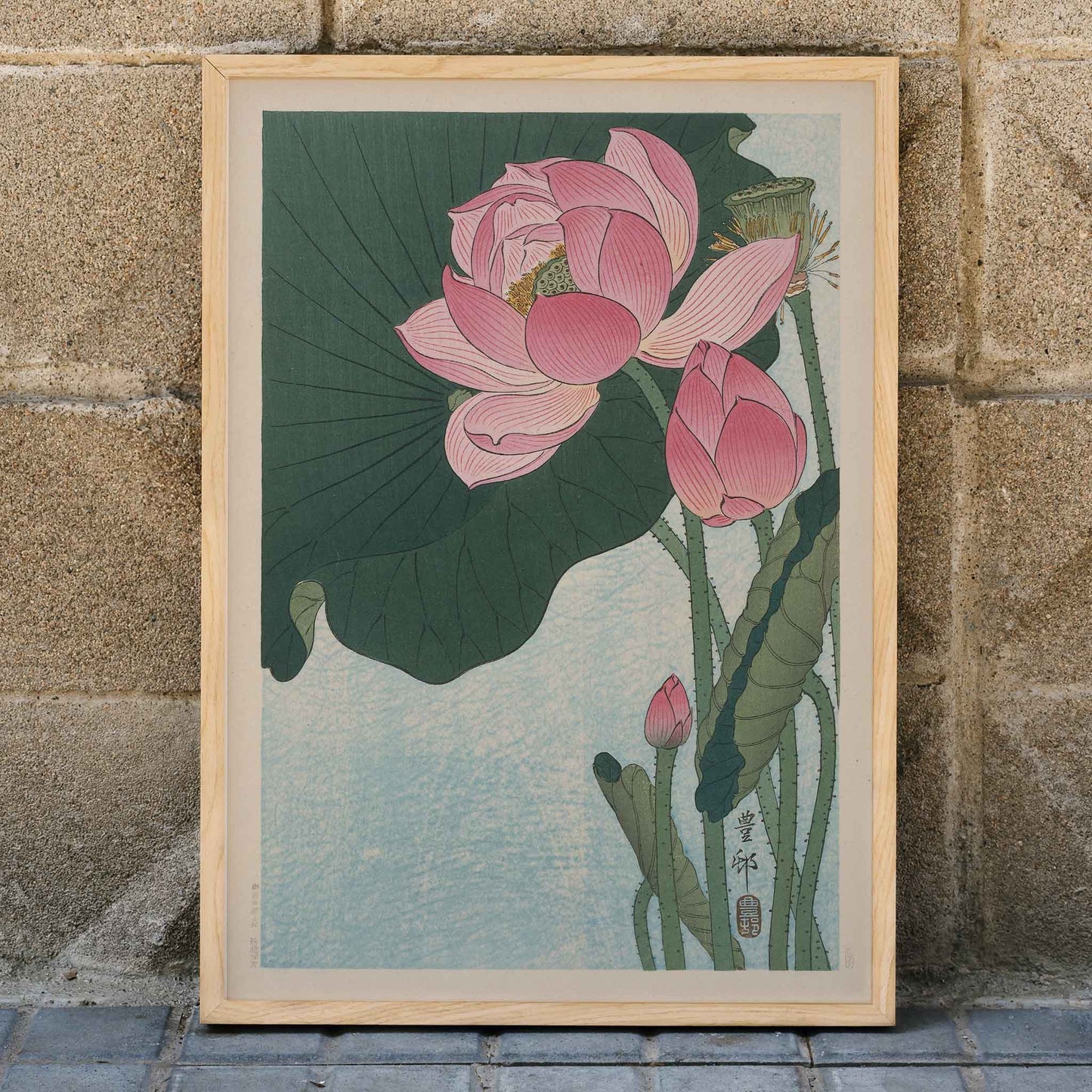 Pink lotus flowers and green leaves in Japanese woodblock print poster by Ohara Koson with light blue background, framed and displayed in home decor