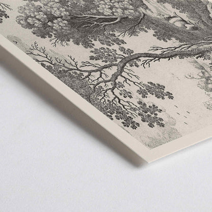 Closeup detail of Mercury playing the flute in a detailed forest landscape with trees animals and natural scenery by Willem van Nieulandt poster