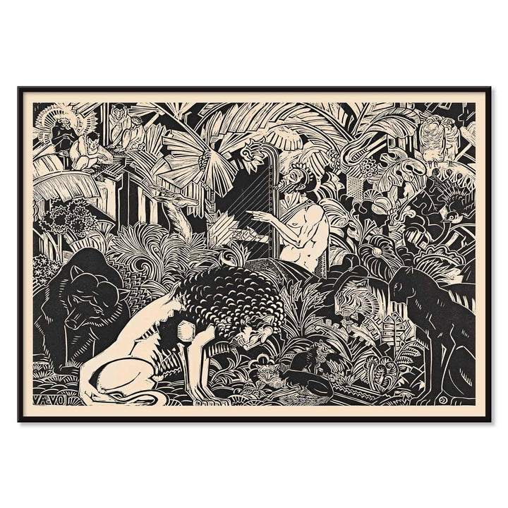 Orpheus playing harp surrounded by animals in lush jungle artwork by Henri van der Stok poster, with black aluminium frame on white background