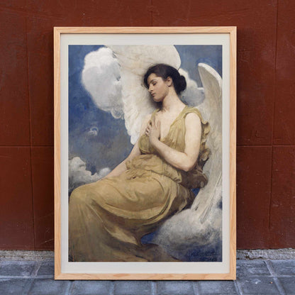 Winged Figure by Abbott Handerson Thayer serene angelic woman with white wings seated among clouds painting and poster, framed and displayed in home decor