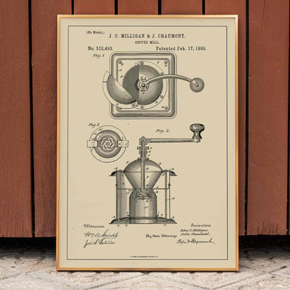 Detailed black and white illustration and patent poster of a mechanical coffee grinder by J C Milligan titled Coffee Mill showing detailed components, framed and displayed in home decor