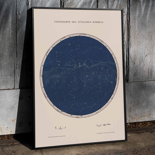 Carte des constellations star map and detailed constellation poster by The Institute of Liepzig southern sky artwork, framed and displayed in home decor