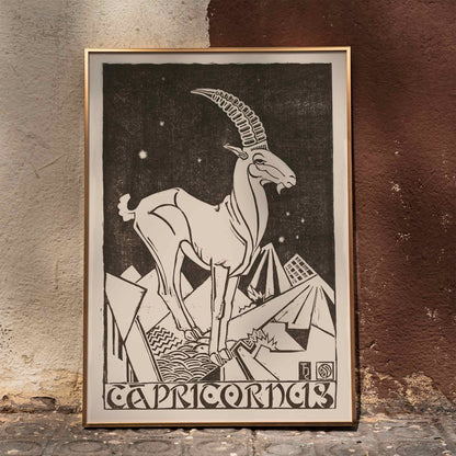 Capricorn zodiac sign illustration and poster featuring a stylized goat under stars in an abstract landscape artwork titled Capricornus by Henri van der Stok, framed and displayed in home decor
