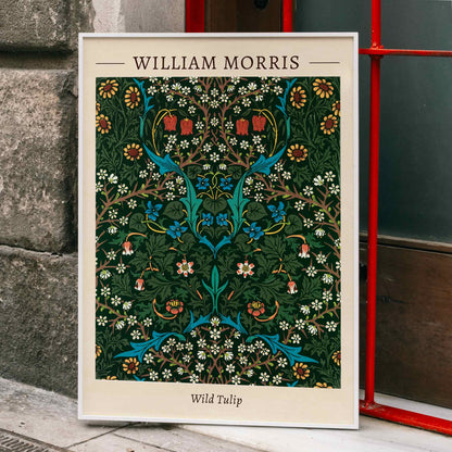 Wild Tulip floral patterned artwork poster by William Morris featuring intricate green blue and red designs for wall decor, framed and displayed in home decor