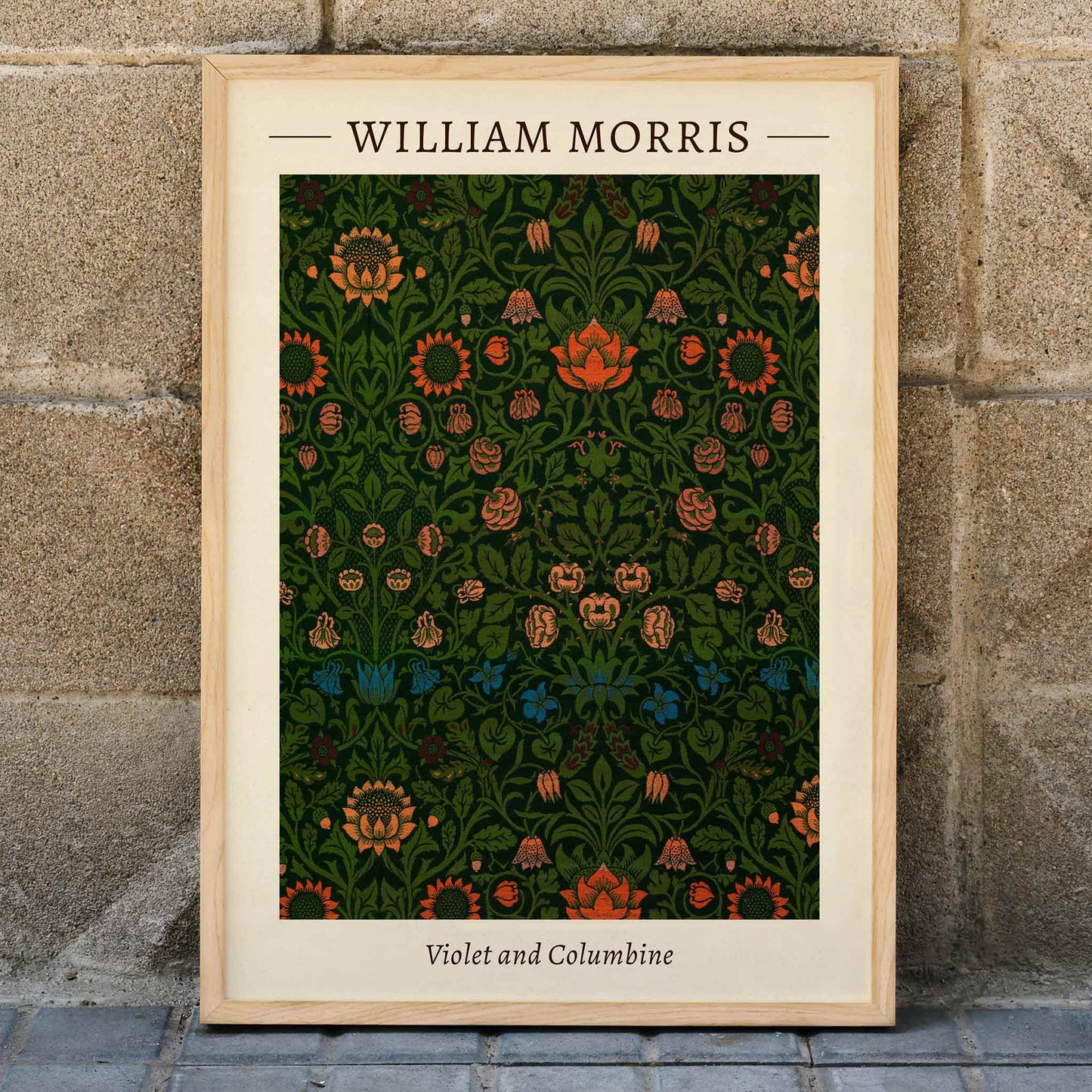 Floral pattern artwork poster titled Violet and Columbine by William Morris featuring intricate botanical designs with vivid green and orange tones, framed and displayed in home decor