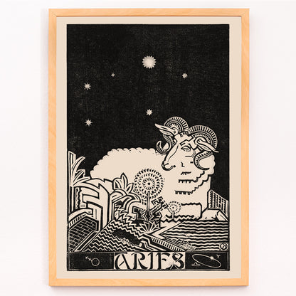 Closeup detail of Aries constellation and artistic ram illustration by Henri van der Stok with stylized landscape and stars Zodiac signs Aries poster