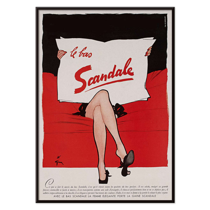 Paul Iribe Le bas scandale poster with crossed legs white sign and bold red black vintage advertising design, with black aluminium frame on white background
