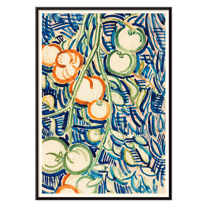 Drooping branch with red and green tomatoes by Christian Rohlfs vibrant abstract artwork poster, with black aluminium frame on white background