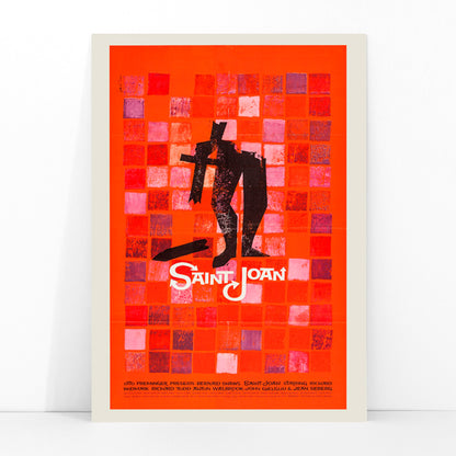 Abstract red and black Saint Joan Movie poster by Saul Bass with stylized figure on checkered background and abstract red squares, framed and displayed in modern living room decor