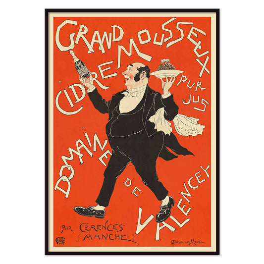Eugène Le Mouel Grand sparkling cider poster with waiter, bottle and tray in lively red and cream advertising scene, with black aluminium frame on white background