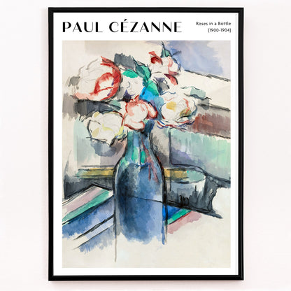 Closeup detail of Still life painting of roses in a blue bottle by Paul Cezanne titled Roses in a Bottle watercolor art poster for art lovers