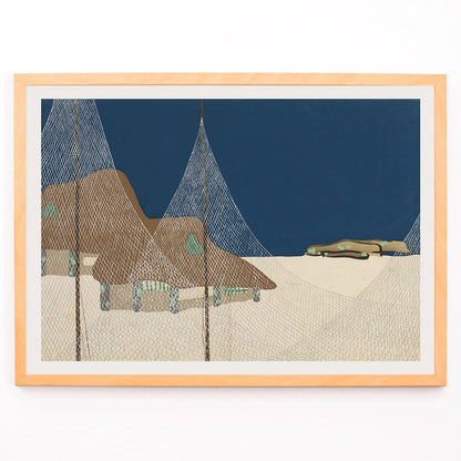 Ryoson by Kamisaka Sekka coastal scene with fishing nets mountains net-covered structures blue sky and landscape, framed and displayed in modern living room decor