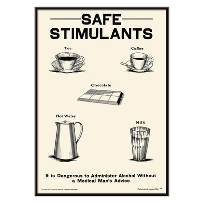 Dominion Scientific Temperance Committee illustration and poster promoting prohibition and safe alternatives to alcohol such as tea coffee chocolate hot water and milk, with black aluminium frame on white background