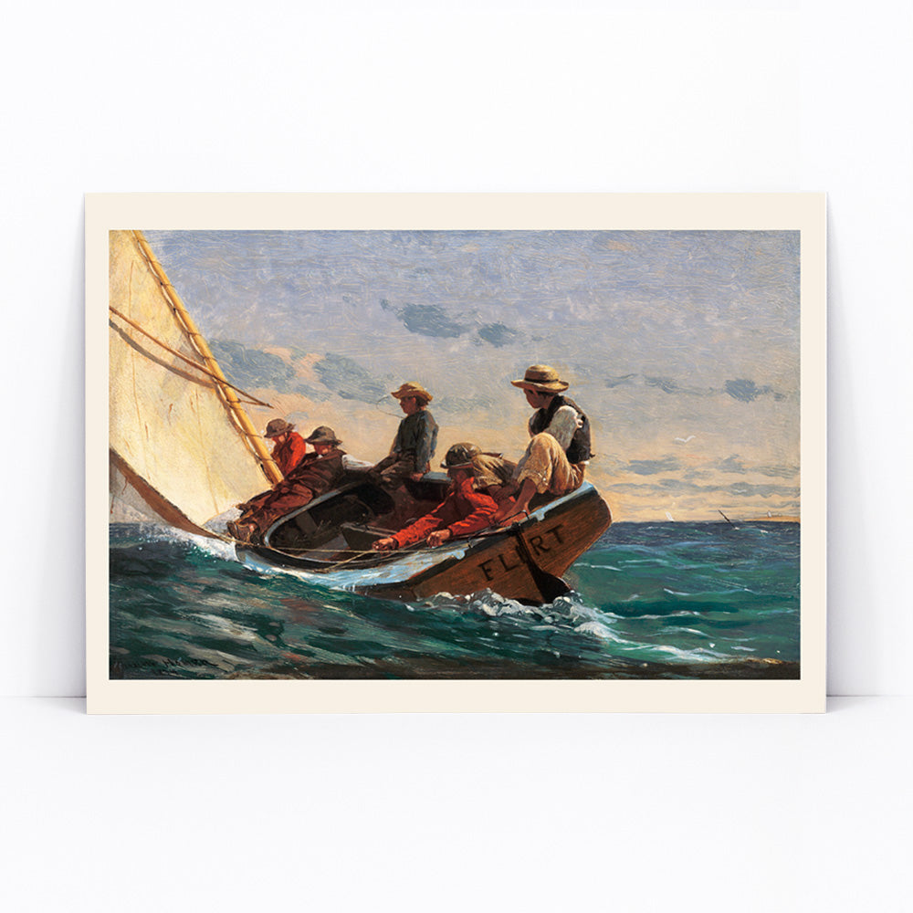 Sailboat crew navigating ocean waves and people sailing on a boat in the sea The Flirt by Winslow Homer, framed and displayed in modern living room decor