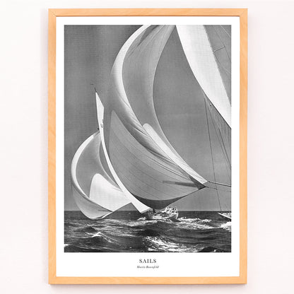 Sailing yacht with billowing sails on the open ocean by Morris Rosenfeld titled Sails poster artwork, framed and displayed in modern living room decor