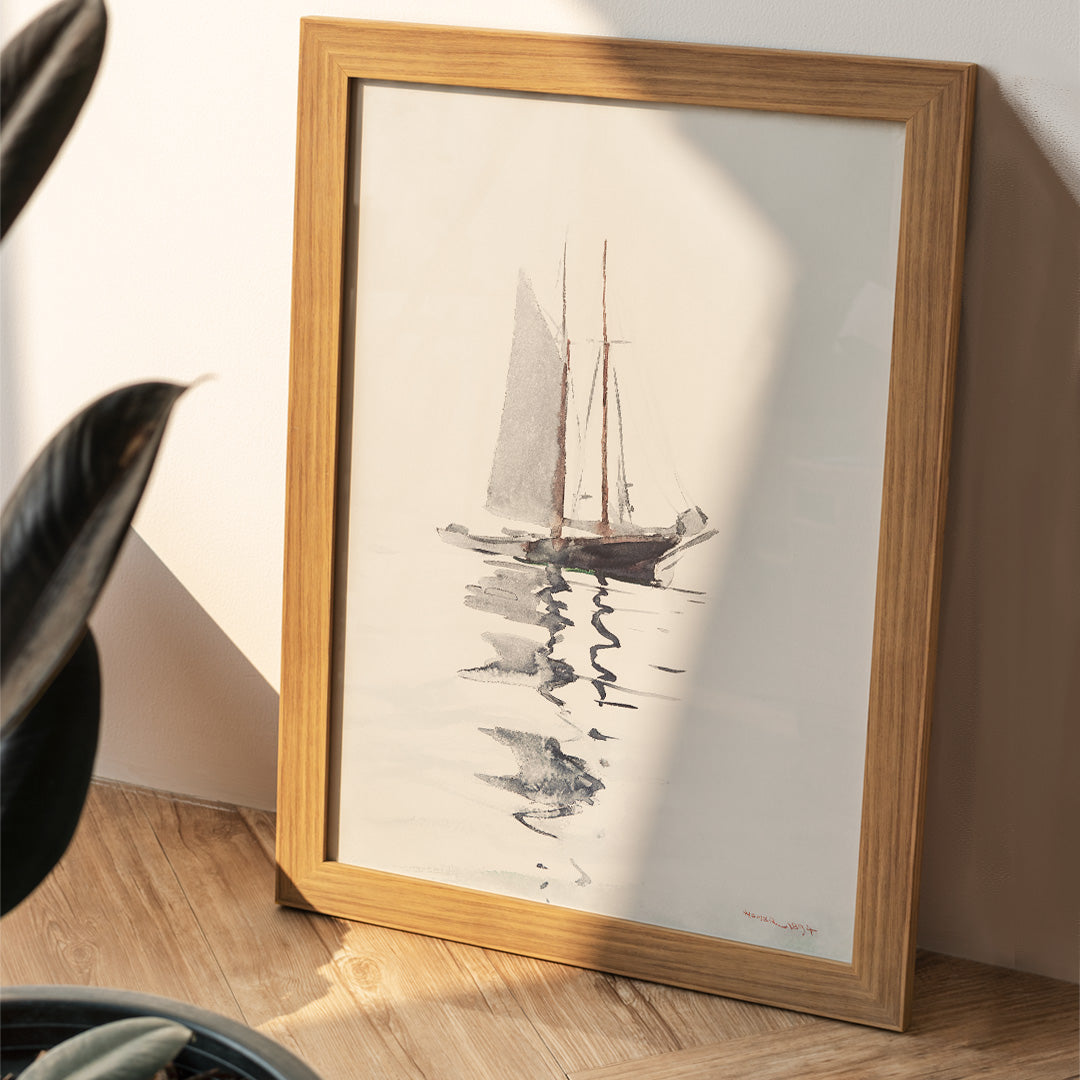 Watercolor painting and poster of a two masted schooner with dory on calm water in watercolor style by Winslow Homer, framed and displayed in home decor