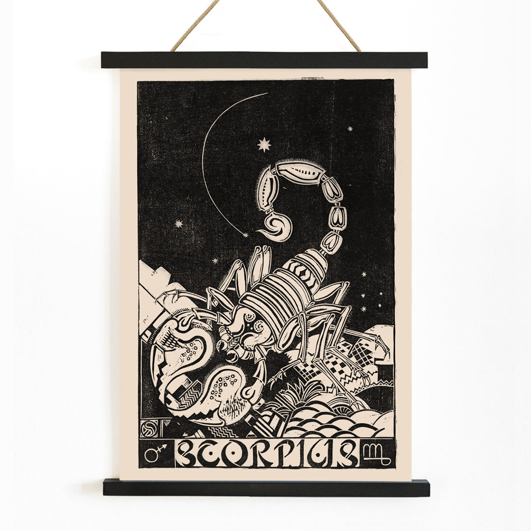 Black and white illustration of a scorpion beneath stars in Scorpius by Henri van der Stok poster artwork, with wooden magnetic frame on white background