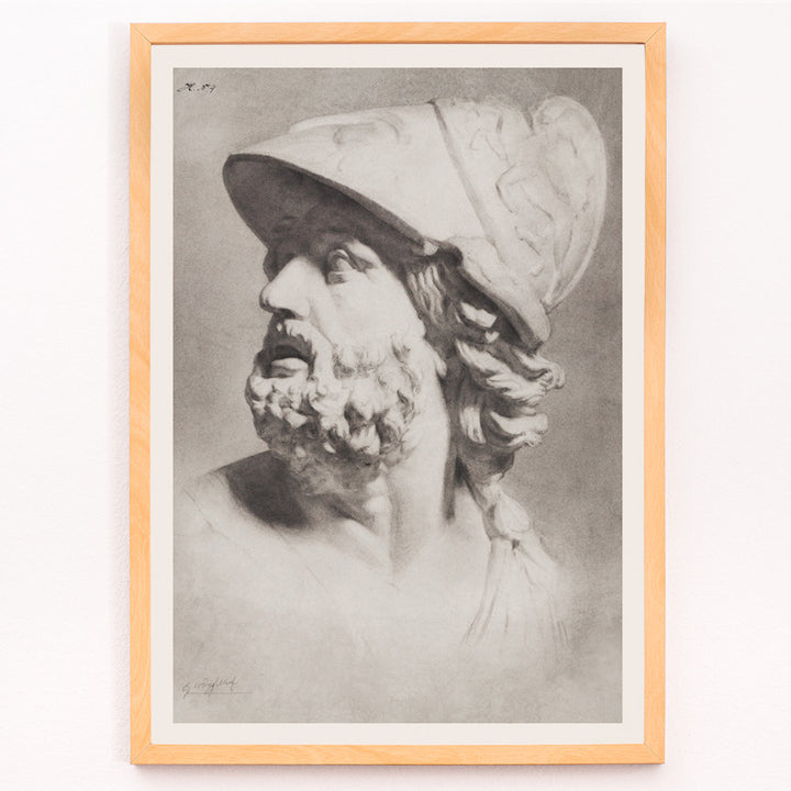 Closeup detail of Roman head with helmet by Gerrit Willem Dijsselhof realistic pencil drawing of bearded man classical sculpture artwork poster