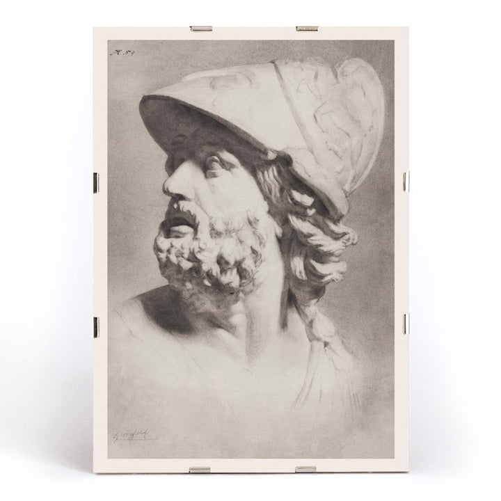 Roman head with helmet by Gerrit Willem Dijsselhof realistic pencil drawing of bearded man classical sculpture artwork poster, framed and displayed in modern living room decor