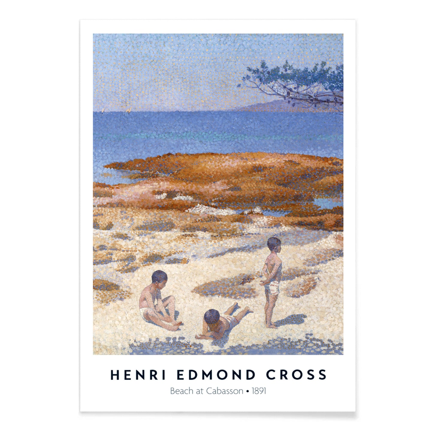 Poster of Beach at Cabasson by Henri Edmond Cross with children playing on a sandy shore under a blue sky, with black aluminium frame on white background