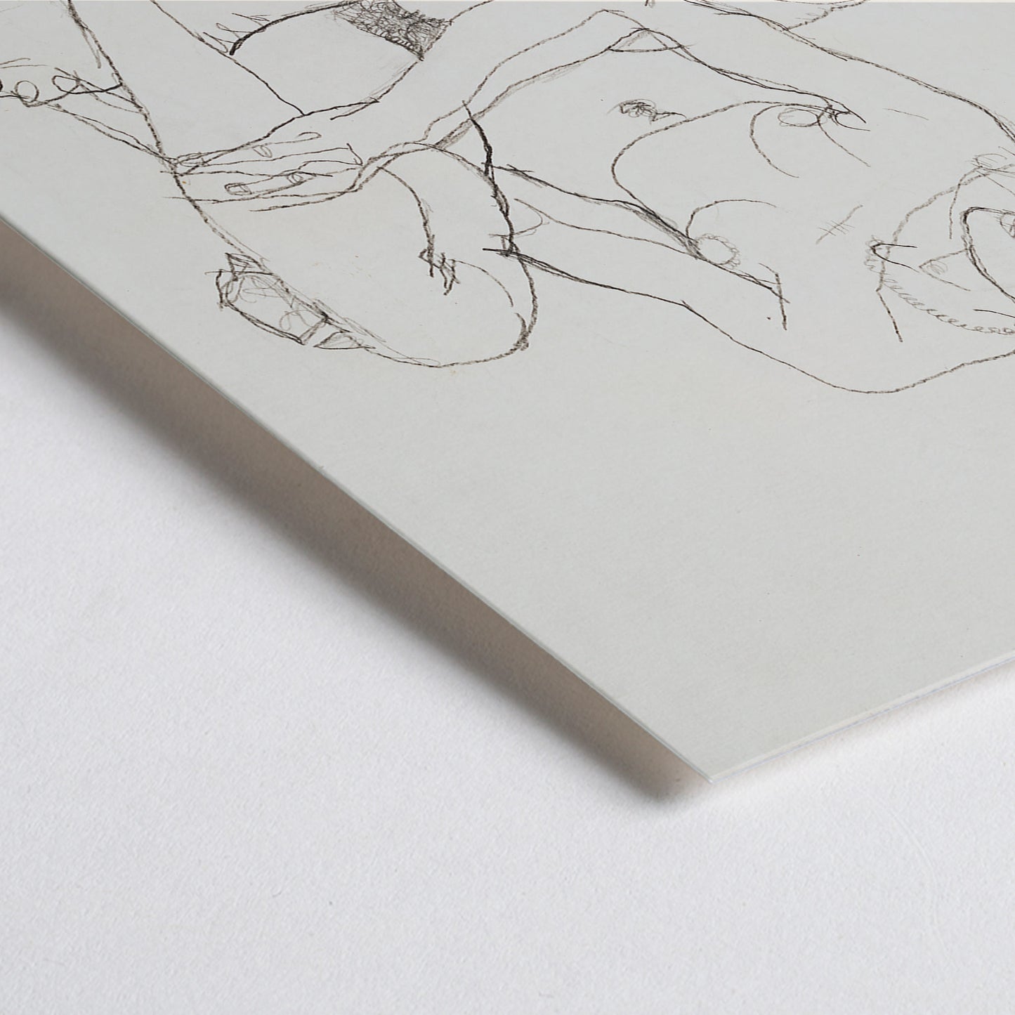 Closeup detail of Egon Schiele Seated Nude Woman poster with delicate black linework on minimalist white background