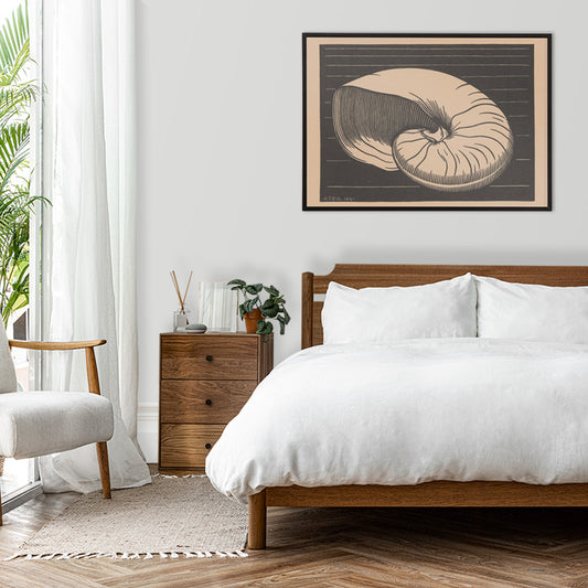 Black and white and beige shell illustration by Julie de Graag linocut artwork poster perfect for art and nature lovers, framed and displayed in home decor