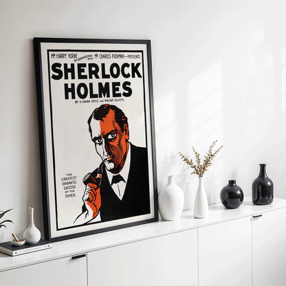 Sherlock Holmes Theater Poster by Arthur Conan Doyle and William Gillette featuring dramatic illustrated portrait of detective with pipe, framed and displayed in modern living room decor