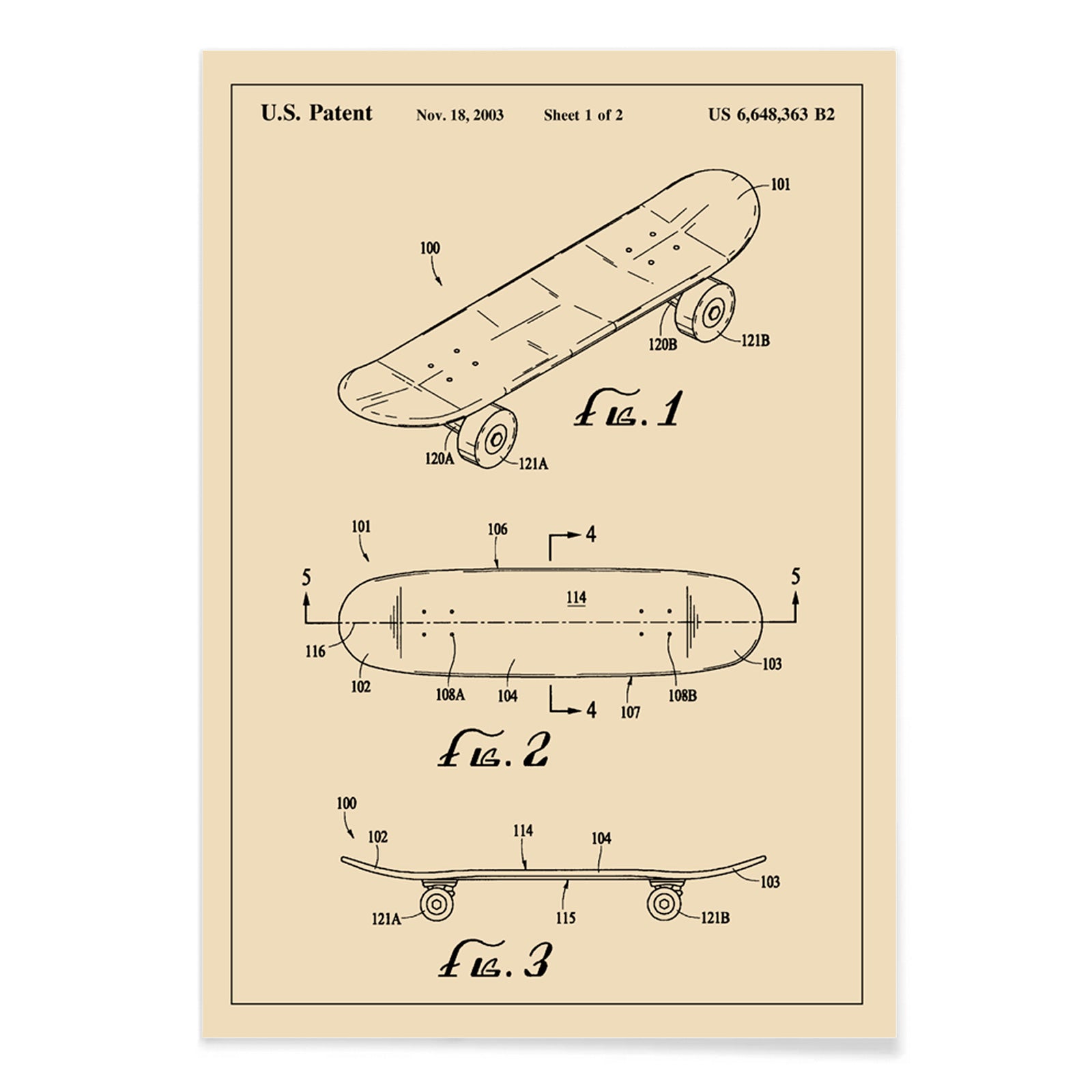 Skateboard patent drawing and technical poster by US Patents ideal wall art decor, with black aluminium frame on white background