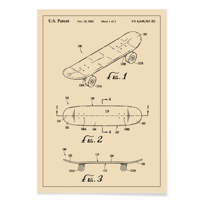 Skateboard patent drawing and technical poster by US Patents ideal wall art decor, with black aluminium frame on white background