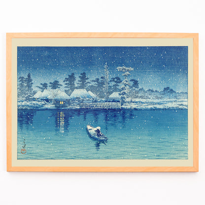 Closeup detail of Snowy riverside village at night with boat and person by Kawase Hasui Ushibori Japanese art poster