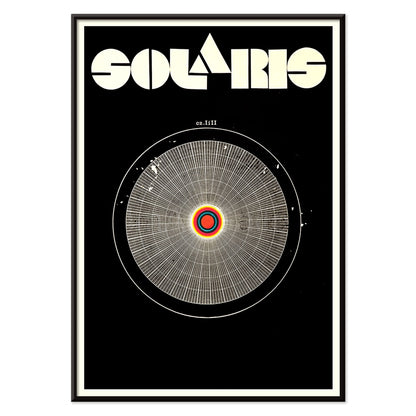 Solaris Movie Poster abstract cosmic and circular design with intricate vibrant patterns on black background by Daniela Narvaez and anonymous artist, with black aluminium frame on white background