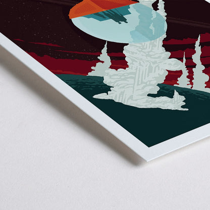 Closeup detail of NASA retro space travel poster of Enceladus with tourists observing geysers and a futuristic space landscape