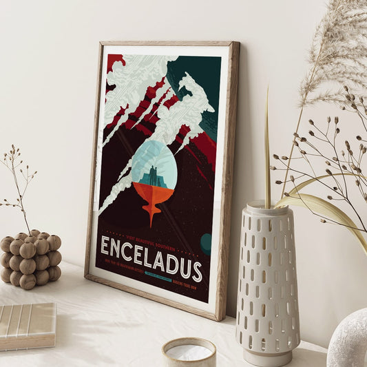 NASA retro space travel poster of Enceladus with tourists observing geysers and a futuristic space landscape, framed and displayed in home decor