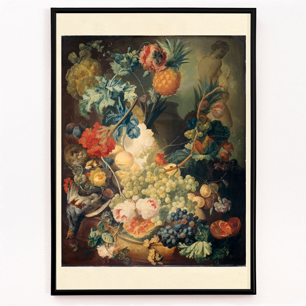 Closeup detail of Vibrant flowers fruit and birds in classical artwork Flowers Fruit and Birds by Jan van Os poster still life