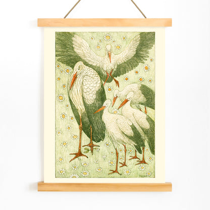 Five storks standing and flying among daisies and flowers in a meadow artwork by Theo van Hoytema poster, with wooden magnetic frame on white background