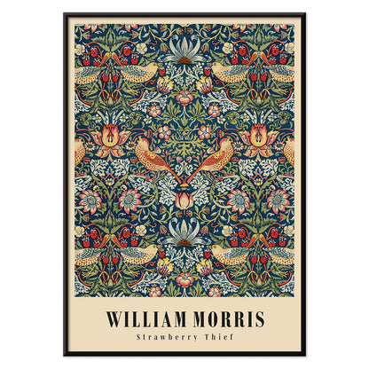 Strawberry Thief by William Morris ornate floral and bird pattern artwork poster with intricate designs and rich colors, with black aluminium frame on white background