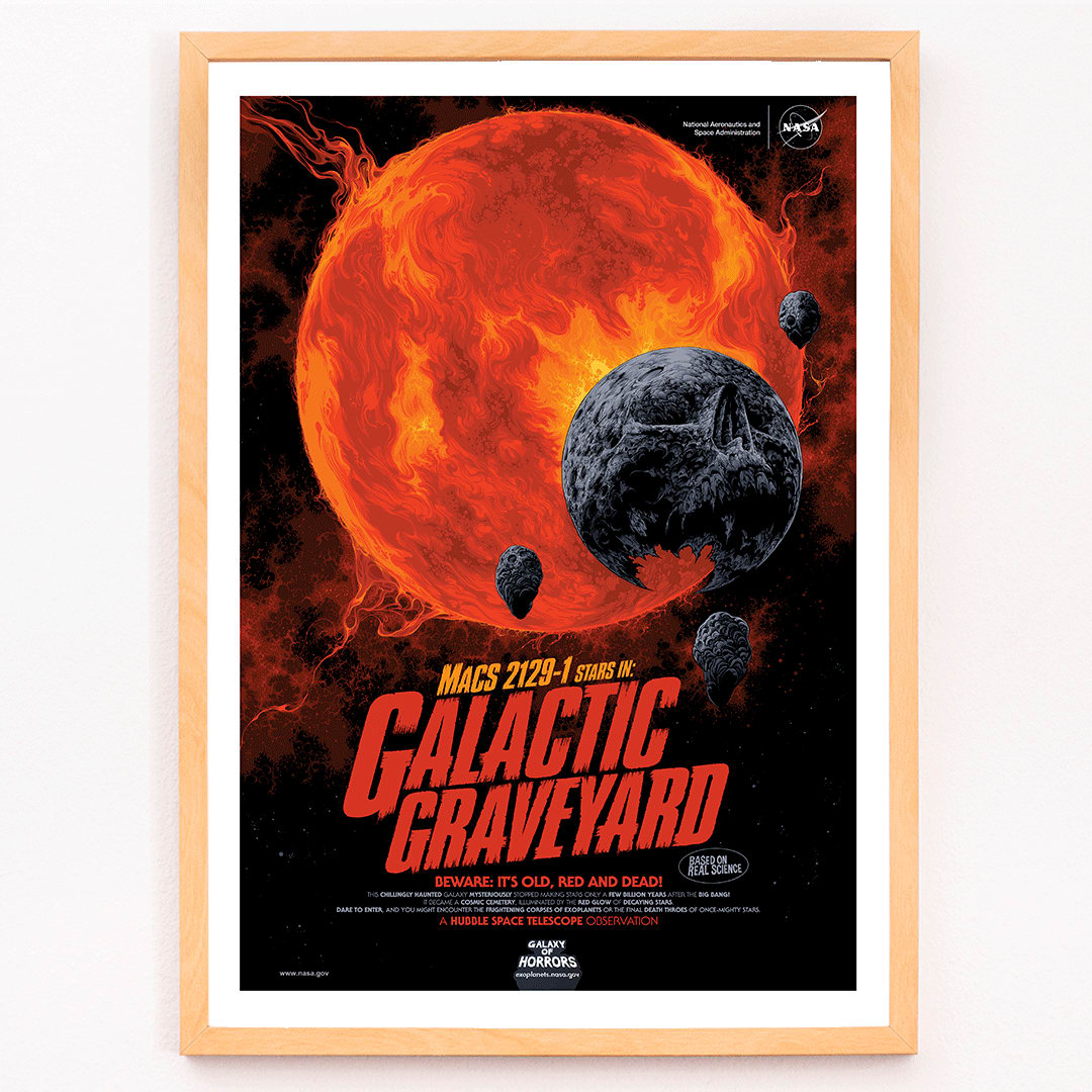 Fiery red star and dark planetary debris in space from Galactic Graveyard by NASA wall art poster for home decor, framed and displayed in modern living room decor