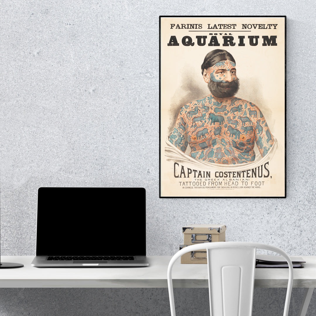 Tattooed man Captain Costentenus the Greek Albanian at The Royal Aquarium vintage poster artwork, framed and displayed in home decor