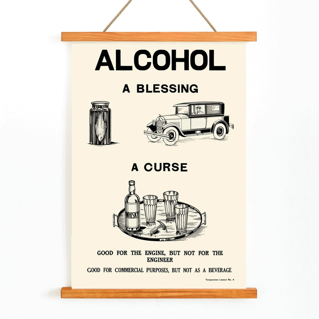 Poster promoting alcohol prohibition by Dominion Scientific Temperance Committee showing contrasting uses and titled Alcohol A Blessing A Curse with car and bottles, with wooden magnetic frame on white background