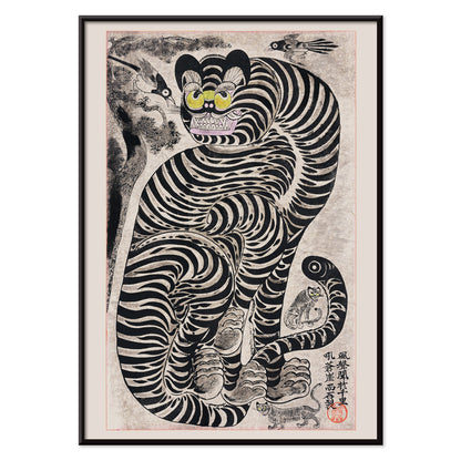 Vintage Japanese style poster of a bold striped tiger with birds by Talismanic tiger perfect for home wall decor, with black aluminium frame on white background