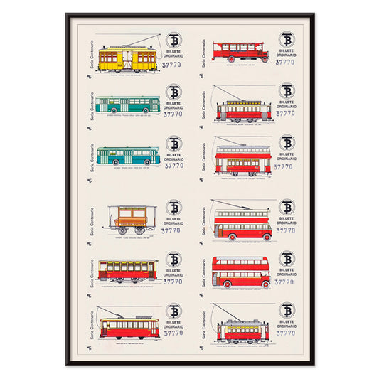 Vintage Barcelona bus and tram ticket illustrations poster Billetes Bus Barcelona artwork, with black aluminium frame on white background
