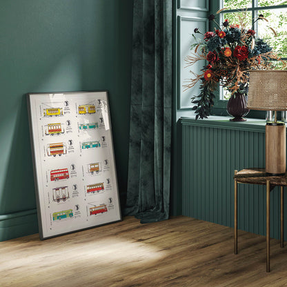 Vintage Barcelona bus and tram tickets poster with colorful illustrations from Compania de Tranvia de Barcelona Billetes de Bus de Barcelona, framed and displayed in home decor