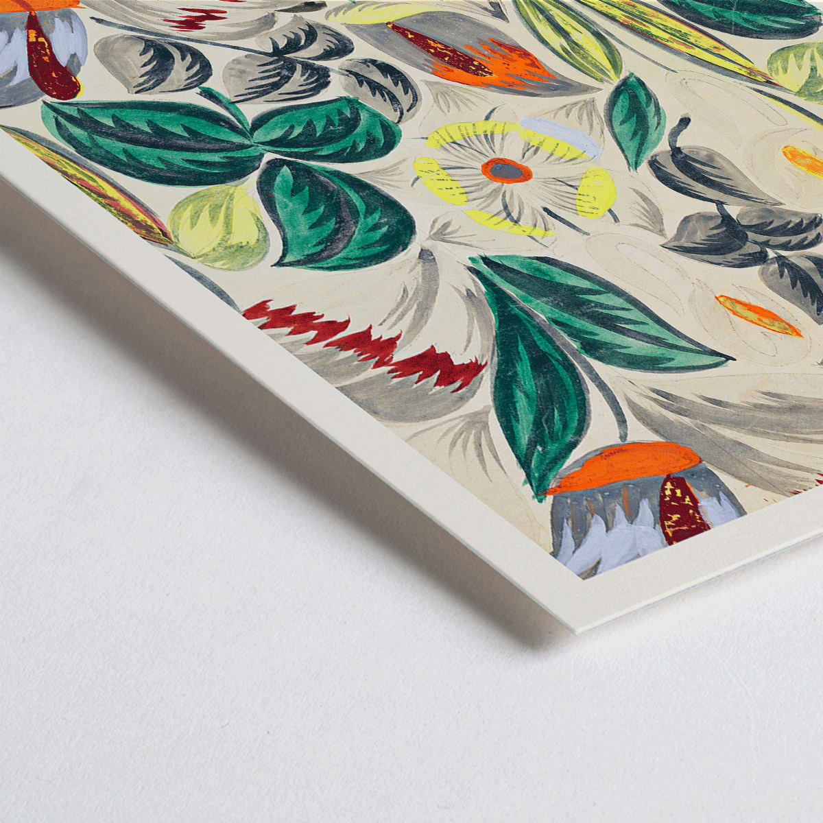 Closeup detail of Vibrant tropical flowers and lush greenery textile design pattern titled Tropical Flowers II colorful foliage and blossoms poster